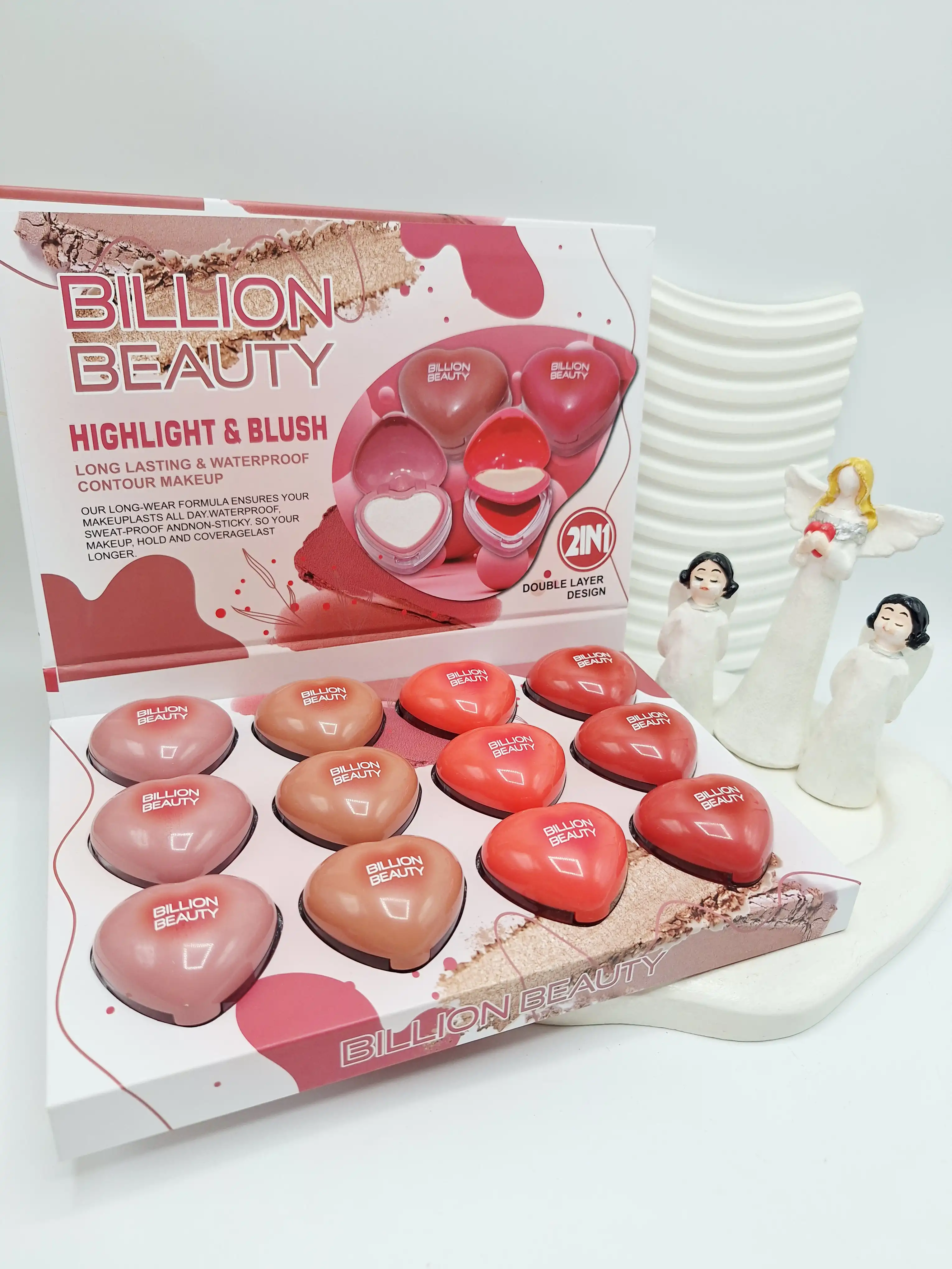هایلایتر و رژگونه دو طبقه برند Billion Beauty مدل قلبی  کد 0338